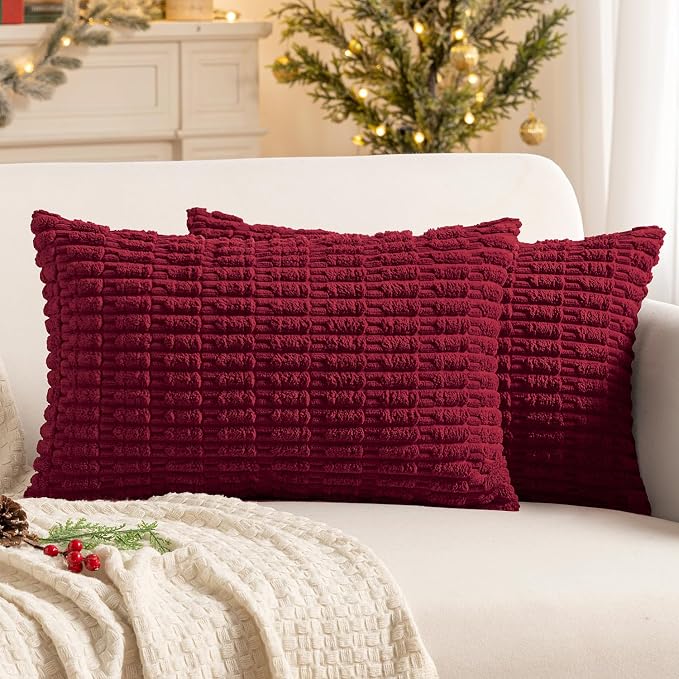 MIULEE Lumbar Corduroy Decorative Throw Pillow Covers 12x20 Burgundy | Pack of 2 Soft Boho Striped Pillow Covers Modern Farmhouse Home Decor For Sofa Living Room Couch Bed