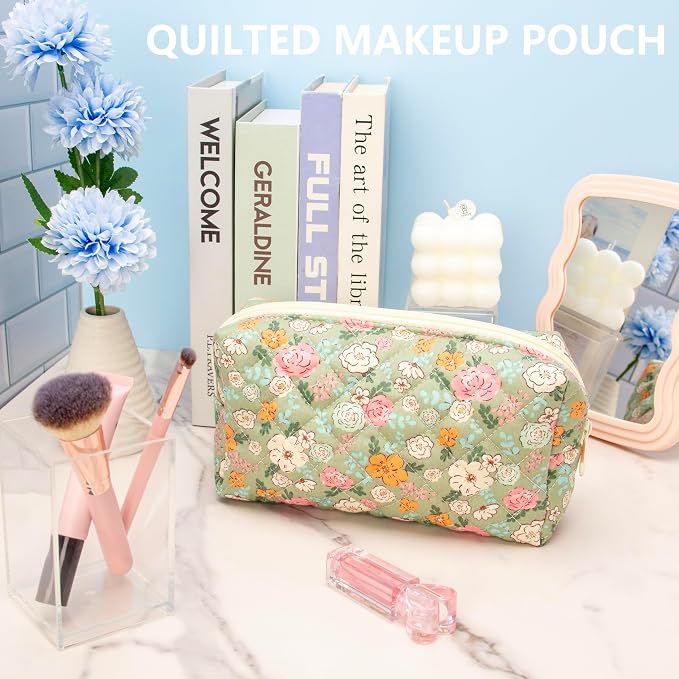 PAZIMIIK Small Quilted Makeup Bag,Zipper Cosmetic Pouch,Green Floral,6 Pack | Lightweight Cosmetic Bag Organizer for Women,Purse Storage Holds Makeup,Toiletries,Skincare,Beauty Essentials,Travel Items