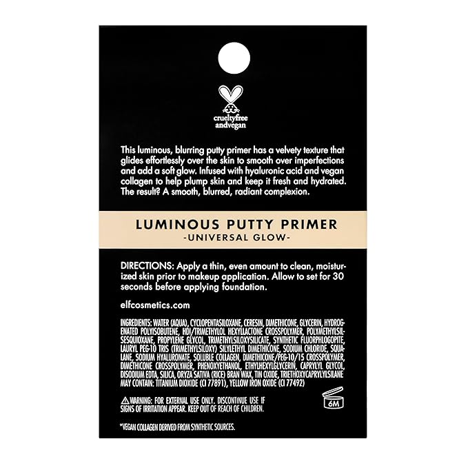 e.l.f. Luminous Putty Primer,Skin Perfecting,Lightweight,Silky,Long Lasting,Hydrates,Creates a Smooth Base,Illuminates,Plumps,Infused with hyaluronic acid and vegan collagen,0.74 Oz,(Pack of 2)