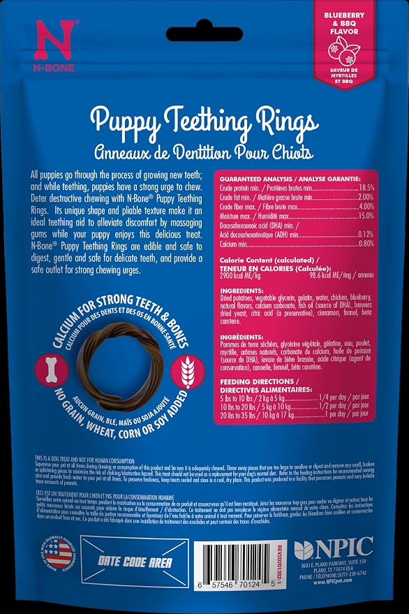 N-Bone Grain-Free Puppy Teething Treats, Blueberry & BBQ Flavor, Natural Puppy Chews, Helps Soothe Teething Gums, Calcium Enriched, 6 Rings