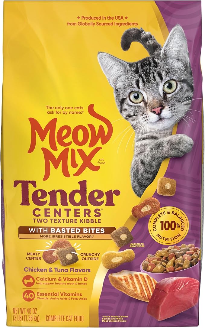 Meow Mix Tender Centers, Dry Cat Food, Chicken & Tuna Flavors, 4 Bags | 3-lb bags, two texture kibble, meaty center surrounded by a crunchy outer layer, basted bites for irresistible flavor
