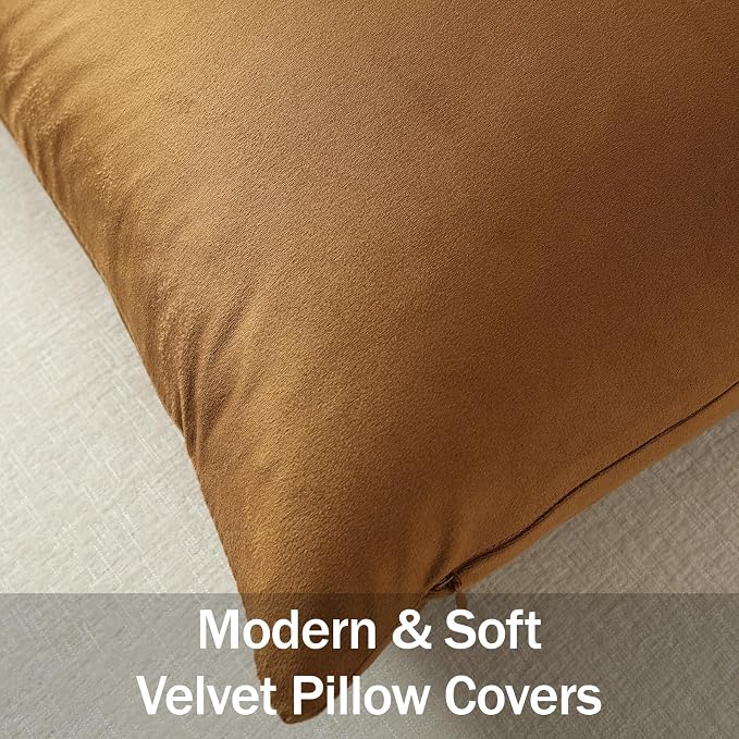 Throw Pillow Covers 18x18 Golden Brown: Pack of 2 Cozy Soft Velvet Square Modern Luxury Decorative Throw Pillow Cases for Sofa Couch Living Room Bed Home Decor