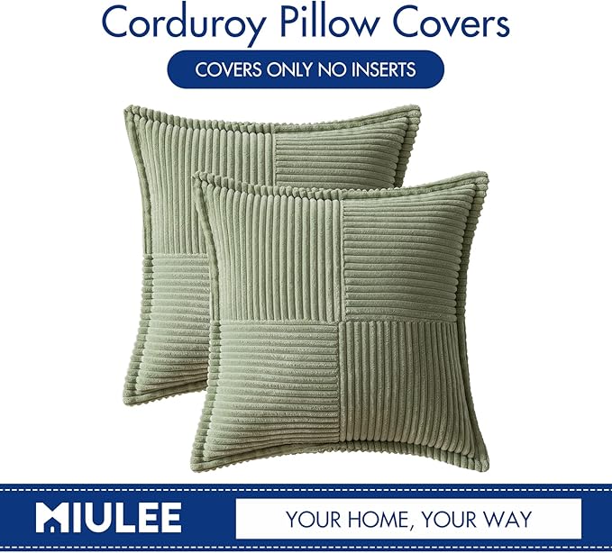 MIULEE Decorative Throw Pillow Covers for Couch 16x16 Inch Sage Green | 2 Pack, Boho Broadside Striped Patchwork Pillow Covers, Soft Corduroy Cushion Cases, For Sofa Bed Livingroom Home Decor