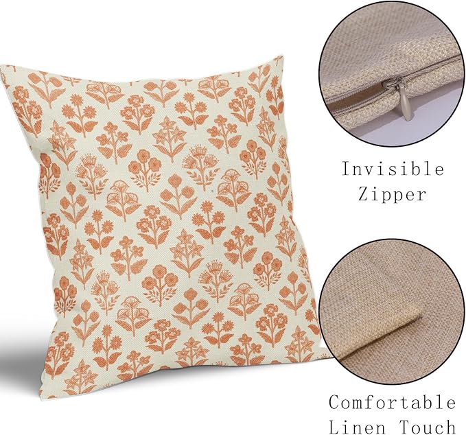 Orange Floral Pillow Covers 20x20 Inch Set of 2, Vintage Flower Block Print Pattern Decorative Throw Pillowcases Outdoor Farmhouse Cushion Covers Spring Summer Rustic Sofa Couch Bed Decor