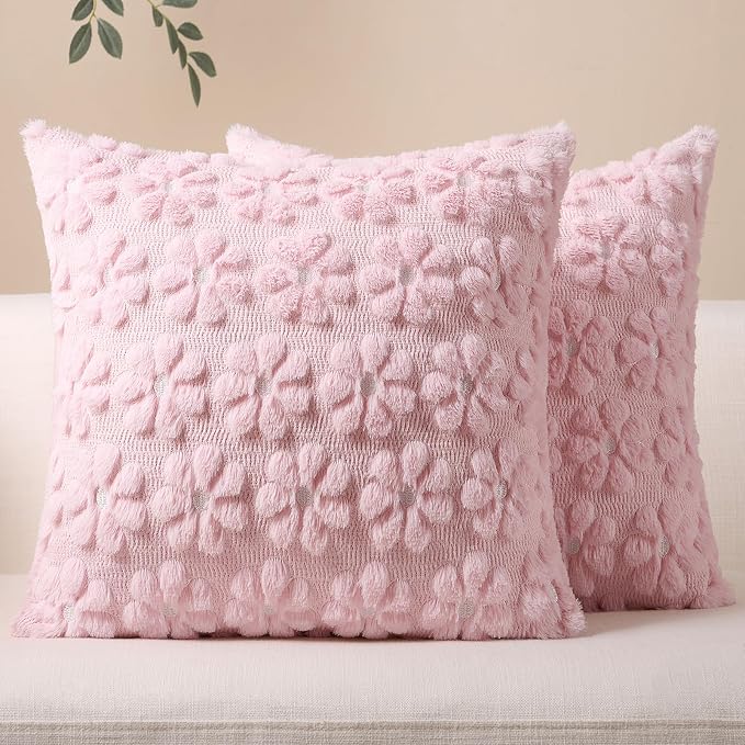 Softalker Spring Decorative Throw Pillow Covers 20 x 20 Inch Set of 2, Farmhouse Summer Floral Daisy Soft Faux Fur Cushion Covers, 3D Pillow Cases for Couch Bedroom Living Sofa Room Home Decor, Pink
