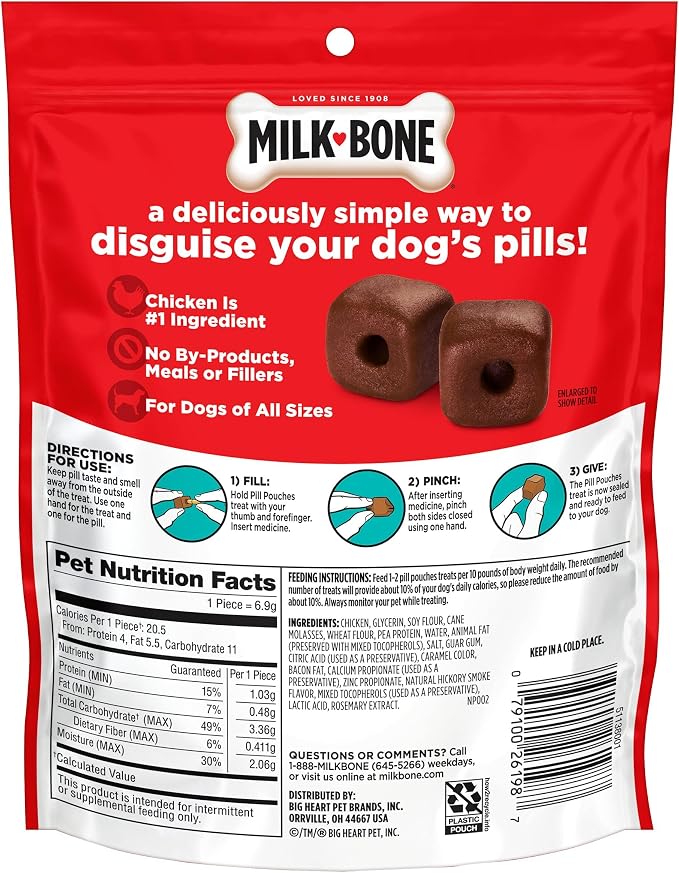 Milk-Bone Pill Pouches Dog Treats, Hickory Smoked Bacon Flavor, 30 Count Bags (Pack of 2)