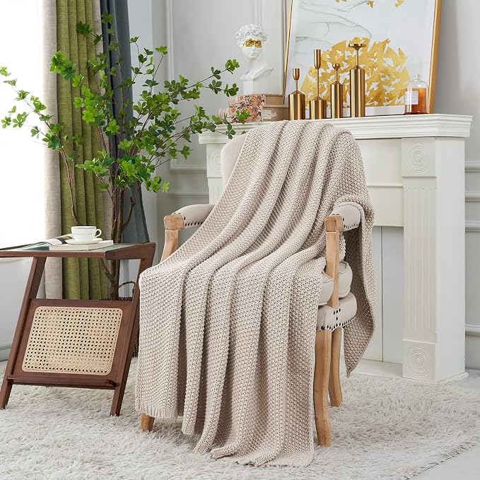 Chunky Cable Knit Throw Blanket Lightweight Beige 100% Organic Cotton Blanket for Sofa Couch Bed Baby Nursery, Rustic Shabby Chic Modern Farmhouse, 60” x 80”
