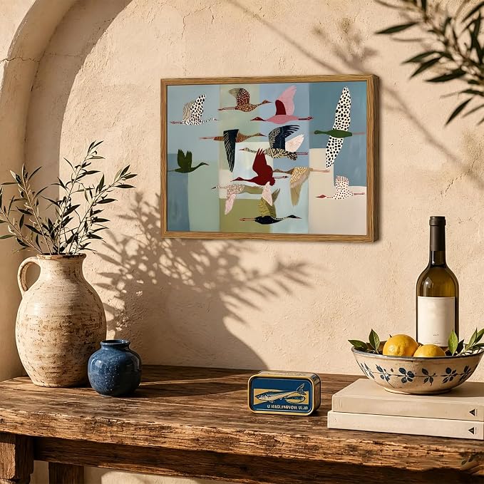 Framed Vintage Flying Bird Wall Art, Abstract Colorful Crane Pictures Wall Decor, Mid Century Modern Scandinavian Birds Paintings Canvas Prints Home Decor Aesthetic for Living Room Bedroom 12x16 inch