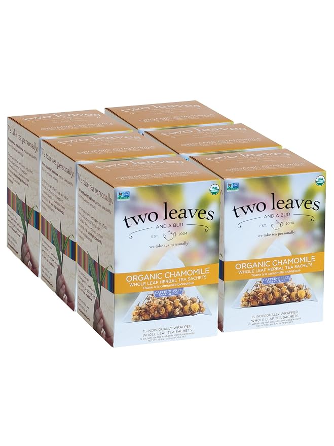 Two Leaves and a Bud Organic Chamomile Tea Bags, Naturally Caffeine Free, Whole Leaf Herbal Chamomile Tea in Pyramid Sachets, 15 Count (Pack of 6)