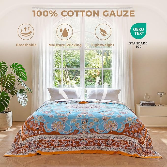 LUTBM Boho Throw Blanket for Bed 60"x80", All Season Cotton Couch Blankets | Reversible Vintage Floral Jacquard, All-Season Twin Lightweight Breathable Quilt, For Chair Sofa Bedroom Living Room Decor