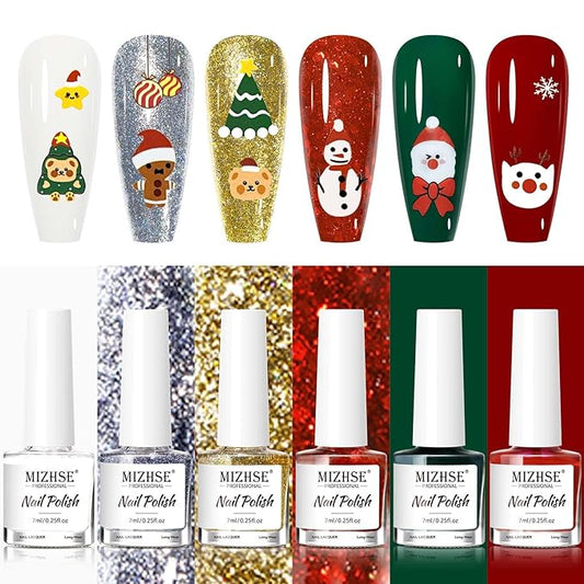 MIZHSE Quick Dry Christmas Nail Polish Set with Sticker, 6 Colors Red Green White Gold Sliver Sparkle Polish, Fast Drying Nail Polish Set Manicure Gift for Women