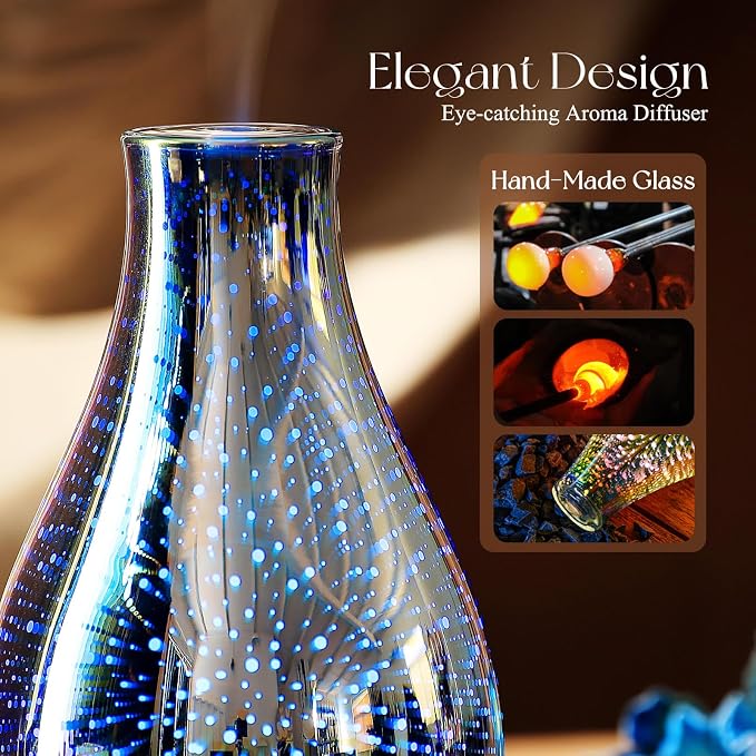 Porseme Essential Oil Diffuser 3D Glass Aromatherapy Ultrasonic Humidifier Cool Mist, Auto Shut-Off, Timer Setting, BPA Free for Home Office Hotel Yoga Gym Leisure SPA Gift 100ml