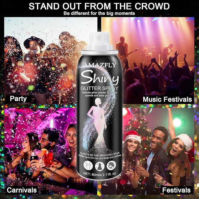 Hair and Body Glitter Spray, Aerosol Glitter Spray for Hair and Body, Long-Lasting and Quick-Drying Silver Glitter Hairspray Suitable for Stage, Festival Rave and Makeup Prom (Rainy-Rainbow)