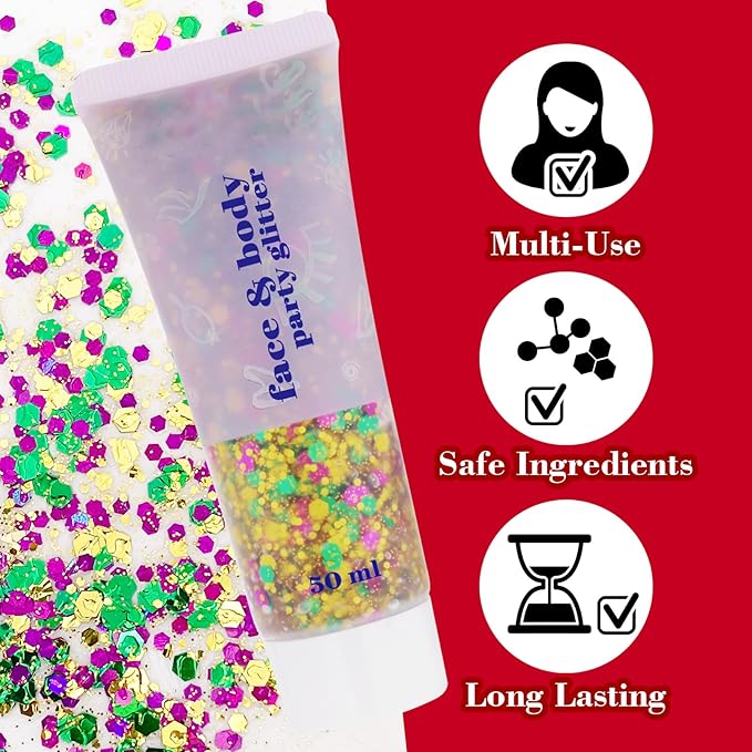 Mardi Gras Face Glitter,Festival Rave St Patricks Day Accessories Body Glitter for Face Body Hair,Gold Green Purple Mixed Chunky Glitter Gel,Holographic Sequins Body Glitter for Carnival/Halloween