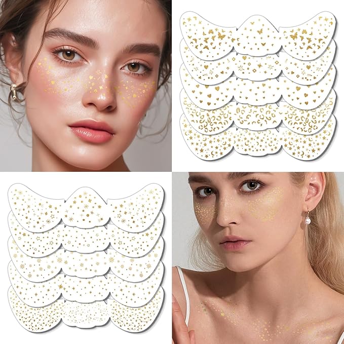 10 PCS Gold Glitter Freckles Face Tattoo Sparkles Makeup Patches Stickers for Women Girls Fairy Rave Festival Trinkets Accessories