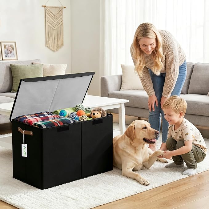 Large Toy Storage Box with Lids, Collapsible Sturdy Baby Storage Organizer Chest Bin Basket for Kids, Boys, Girls, Playroom, Nursery, Bedroom, Closet 25"x13"x16" (Black)