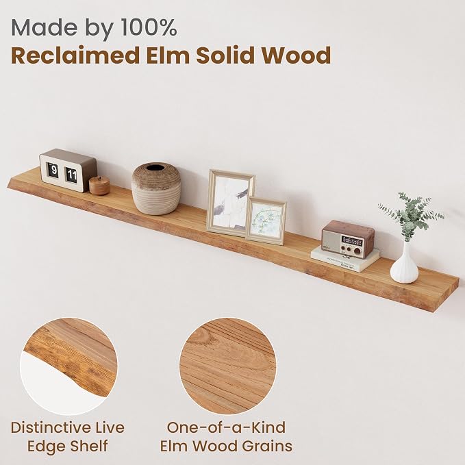 Floating Shelves for Wall Decor, Rustic Solid Elm Wood Live Edge Floating Shelves Wall Mounted, Wall Shelves with Invisible Bracket for Living Room Bathroom Bedroom Kitchen, 72 Inch, Natural