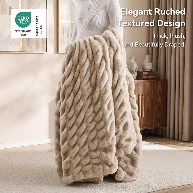 Linen Fluffy Blanket for Couch - Luxury Faux Rabbit Fur 50"x60" | Ultra Soft & Plush Comfort Ruched Blanket, Cozy Fuzzy Fleece Throw for Sofa, Bed & Office, Gift for Women, Linen Room Decor