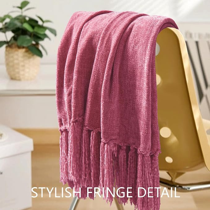 Chenille Throw Blanket for Couch 50" x 60", Rose Pink | Soft Cozy Warm Throws with Fringe Tassel, for Living Room Bed Sofa Chair Cover, Lightweight Knitted Decorative Boho Blankets