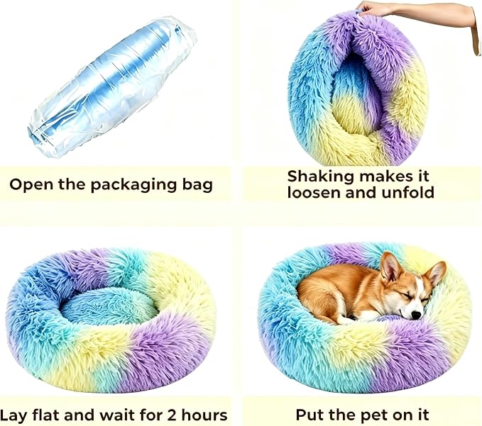 Calming Donut Dog and Cat Bed for Indoor Cats, Anti-Anxiety Round Fluffy Soft Washable Small Pet Bed for Puppy and Kitten, Warming Comfortable Luxury Anti-Slip Waterproof Mute Base 20in Rainbow
