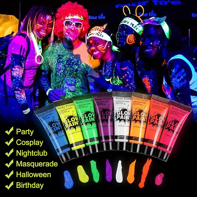 Glow in Dark Face Body Paint UV Blacklight Neon Fluorescent, Halloween Washable Body Paint