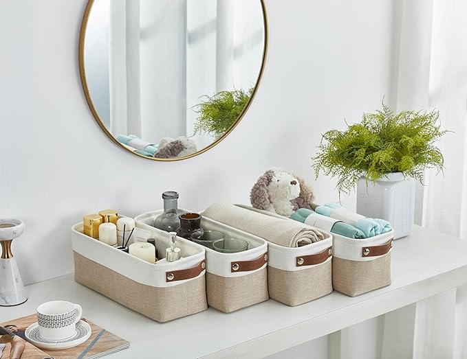 DECOMOMO Narrow Storage Bins, Small Storage Baskets for Shelves 4 Pack | Baskets for Organizing Bathroom, Toilet Tank, Gifts (Beige & White)