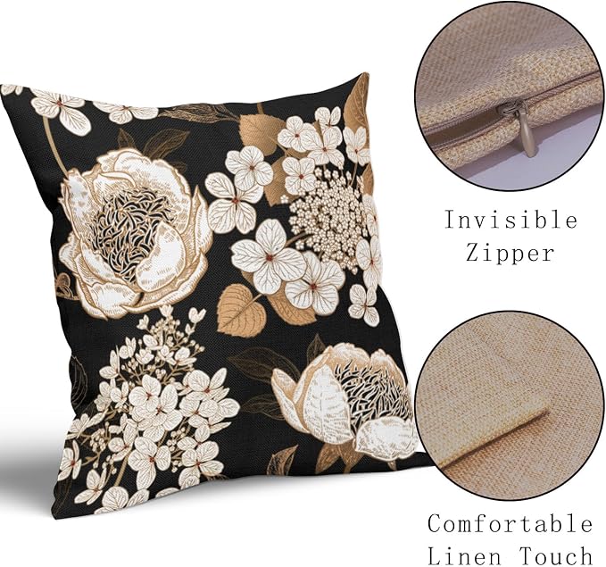 Vintage Flowers Pillow Covers 22X22 Inch Set of 2 White Floral Gold Leaves Botanical Decorative Pillow Cases Rustic Black Cotton Linen Cushion Case Farmhouse Home Decor for Sofa Couch Living Room