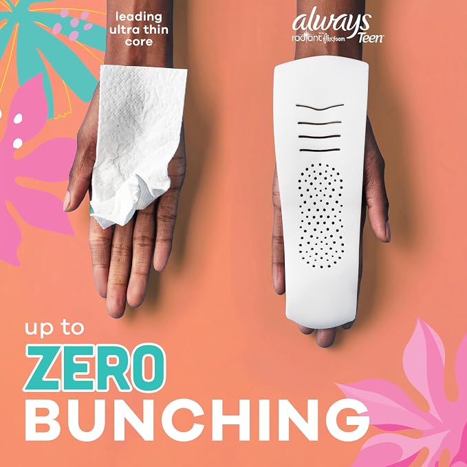 Always Radiant Teen Pads, Size 1, Regular, with Wings, Unscented, 126 Count, Pakc of 3