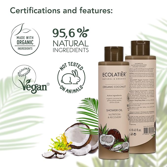 ECOLATIÈR Shower Oil – Organic Coconut Oil – Moisturizing & Nourishing Body Wash for Women, 95.5% Natural, Vegan, for Sensitive Skin - 8.5 Fl Oz (Coconut oil)
