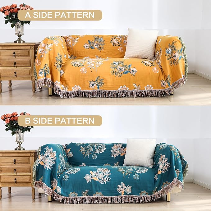 VANJOROY Boho Throw Blanket, 100% Organic Cotton Breathable Skin-Friendly Ultra Soft 50" x 60" Bed Yellow Throw - Floral Rustic Decor Luxury Reversible Blanket for Sofa Couch Chair and Gift,
