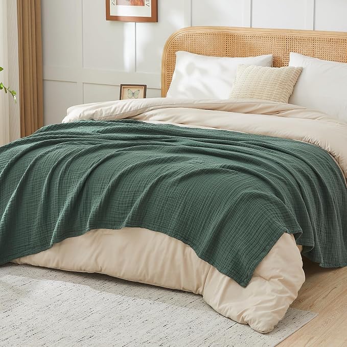EMME Muslin Blankets for Adults Throw Blanket for Couch Breathable Gauze Soft Lightweight Airy Forest Green Twin XL 66" x 90"