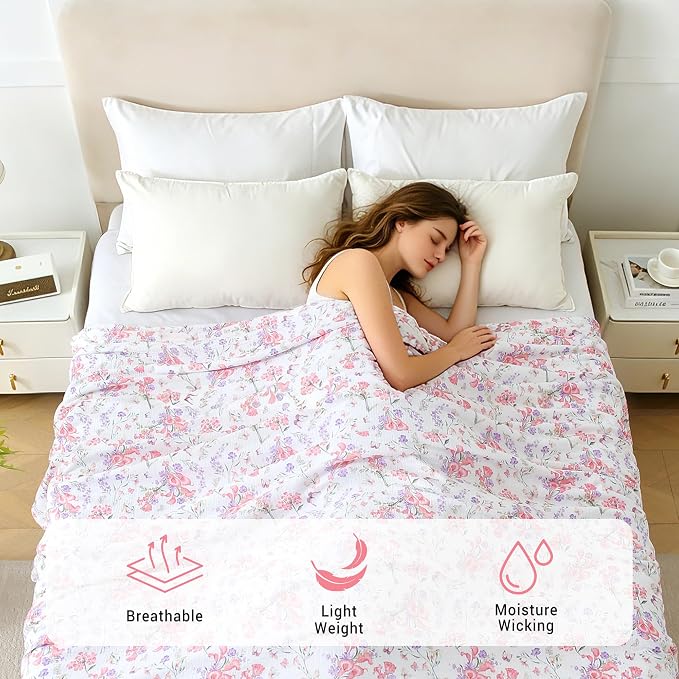 Viviland Cooling Muslin Blanket King Size for Bed Summer Gauze Blanket for Adults Breathable Lightweight Soft for Hot Sleepers Linen Pink Purple Flowers 90 x 108 Inches