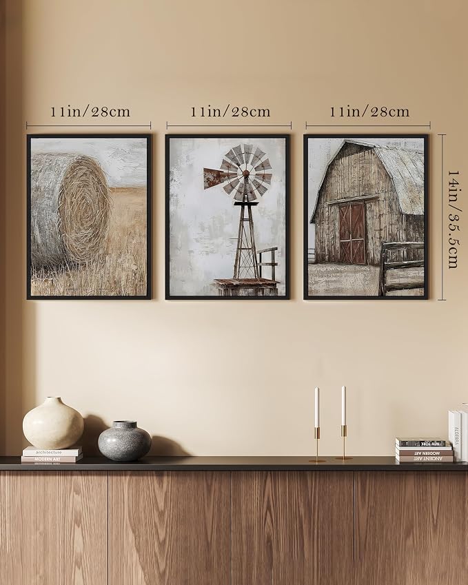 Drsoum Farmhouse Wall Art Vintage Rustic Windmill Barn Cornfield Pictures Framed Painting Landscape Countryside Rural Canvas Artwork Home Decor Ready to Hang 11x14in - Black Framed