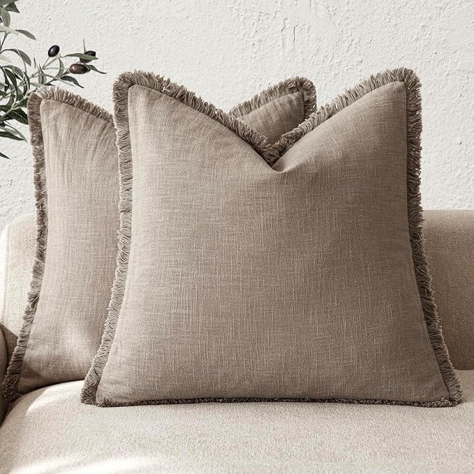 Foindtower Set of 2 Decorative Linen Fringe Throw Pillow Covers Boho Farmhouse Cushion Cover with Tassels Soft Accent Pillowcase for Couch Chair Sofa Bed Living Room Home Decor,20×20 Inch,Brown Tan