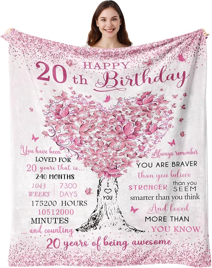Vuinezo 20th Birthday Gifts Blanket 50"X60", 20th Birthday Decorations, 20 Year Old Girl Gifts, Bday Gift for 20 Year Old Female, 20th Birthday Gifts for Women/Daughter/Niece
