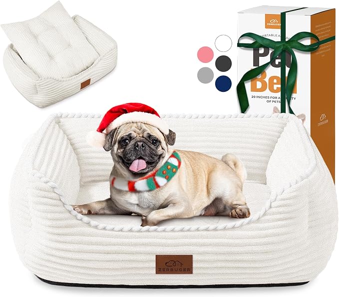 Zerbuger 25in Cream Rectangle Cat Dog Bed Machine Washable Sleeping Sofa | for Large Medium Small Pets Indoor Outdoor, Non-Slip Bottom Soft Puppy Bed Durable Orthopedic Calming Pet Cuddler