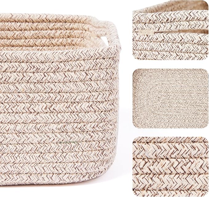 MiniArk Small Storage Baskets for Organizing | Closet Organizer Bins | Shelf Toy Basket | Woven Rope Baskets | Cube Decorative Box | Shallow Basket | 13x8.5x5.1” | 4 Packs Mixed Brown