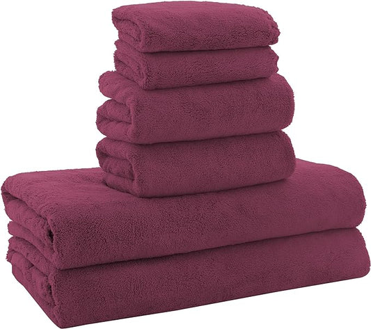 MOONQUEEN Ultra Soft Microfiber Coral Velvet Towel Set - Quick Drying, 2 Bath Towels, 2 Hand Towels, 2 Washcloths - Burgundy, 6 Pcs