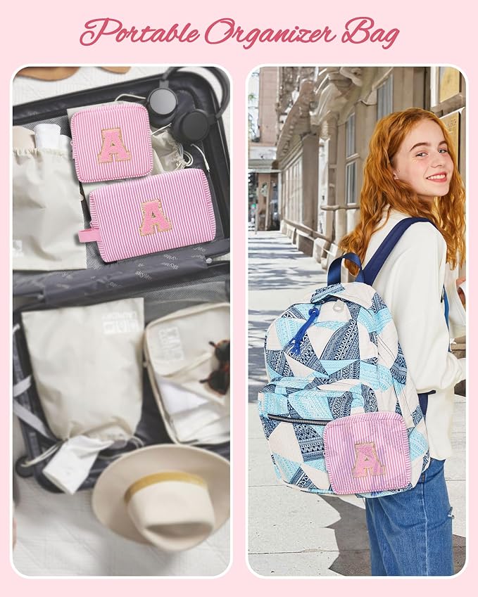 Initial Makeup Bag - Personalized Monogram Cute Makeup Bags,Make Up Case for Women Her Best Friend Friendship Sister Teacher,Birthday Gifts for Women,Girls Makeup Toiletry Bag Pouch,2PCS,Pink R