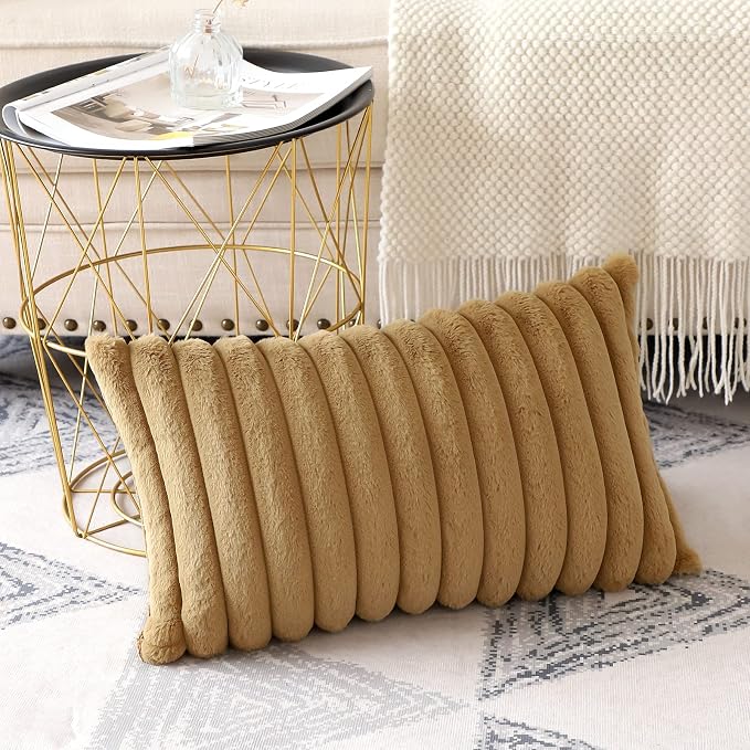 Soleebee Set of 2 Throw Pillow Covers Soft Cozy Velvet Pillowcase Faux Rabbit Fur Cover for Couch Sofa Bed Chair Home Decorative Pillows Cover (12x20 Inch, Light Brown)