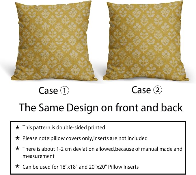Yellow Floral Pillow Covers 24x24 Inch Set of 2, Vintage Flower Block Print Pattern Decorative Throw Pillowcases Outdoor Farmhouse Cushion Covers Spring Summer Rustic Sofa Couch Bed Decor