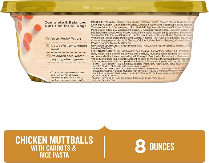 Nutrish Chicken Muttballs Wet Dog Food, 8 oz. Tub, 8 Pack (Rachael Ray) | Made with Carrots & Rice Pasta, No Artificial Flavors, No Added Corn, Wheat or Soy Ingredients & No Poultry By-Product Meal