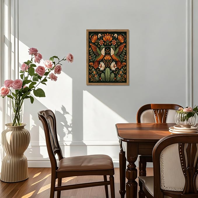 Framed Mexican Hummingbird Wall Art, Vintage Birds Animal Canvas Wall Decor Painting, Colorful Floral Cactus Botanical Poster Print Picture for Living Room Bedroom Bathroom 16x24 Inch