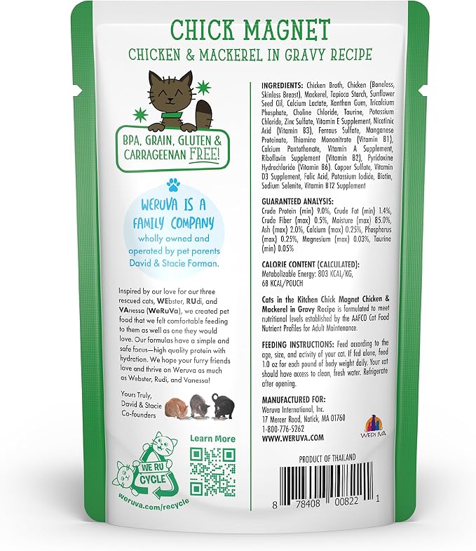 Weruva Cats in the Kitchen, Chick Magnet with Chicken & Mackerel in Gravy Cat Food, 3oz Pouch (Pack of 12)