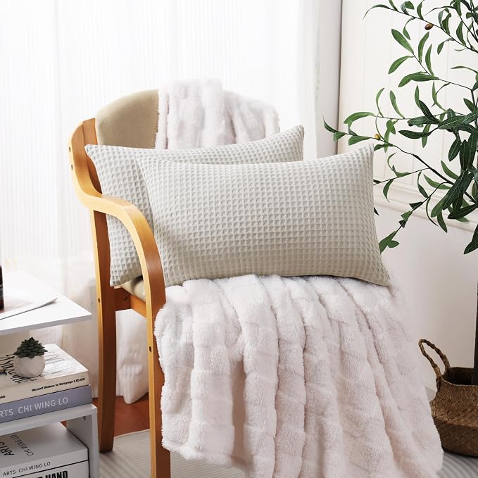 100% Egyptian Cotton 600 TC Waffle Weave Lumbar Pillow Covers 2 Pack | Ultra Soft Breathable Rectangle Throw Pillow Covers, Decorative Cushion Covers for Bed Couch Sofa Car, Beige, 12" x 20"