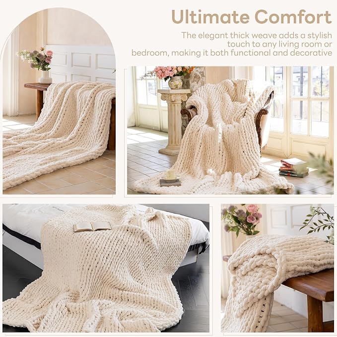 Chunky Knit Blanket - Luxury Soft Cozy 60 * 80 Throw Blanket, 100% Handmade Chenille Yarn Woven Blanket for Couch, Sofa, Home Decor, Gift - Machine Washable (Cream, 60 * 80)