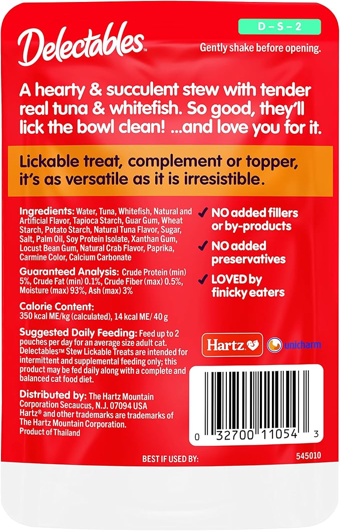 Delectables Lickable Treat Stew Wet Cat Treat with Real Tuna & Whitefish, Food Topper, Hydrating, Grain-Free, No Fillers, No By-Products, No Added Preservatives, 1.4oz Pouch, 12ct