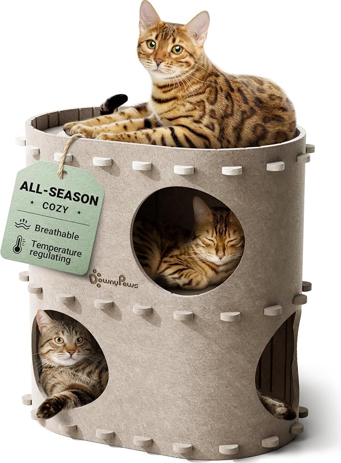 DownyPaws Cat House for Indoor Cats, 2-Storey Cat Bed Cave, Cream | Cat Hideaway Enclosed Bed,Cave Hideout Fort,Kitten Houses for Large Cats,Hide Box Bed Multicats Scratch Resistant