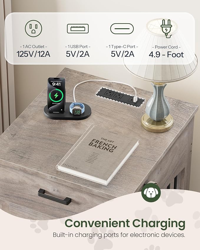 CHOEZON Dog Crate Furniture, Wooden Dog Kennel with Charging Station and Storage Drawer, Indoor Pet Crate End Table for Small Breeds, Dog Cage Furniture for Living Room, Bedroom, Greige MGW01UFH
