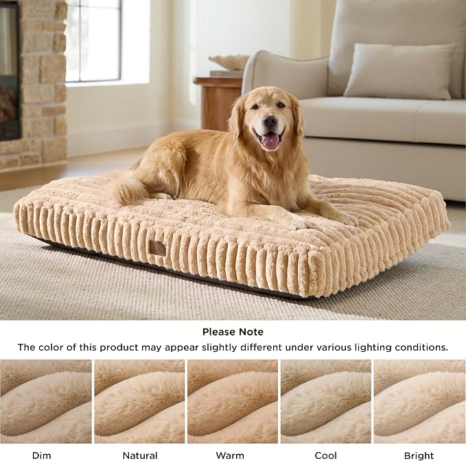 Bedsure ComfyFleece™ Fluffy Balanced Support XL Dog Bed,47x29 | Golden Ratio Chopped Foam & PP Cotton, Home Decor,Waterproof Liner, Removable Washable Cover, Nonslip Bottom,Sandy Beige